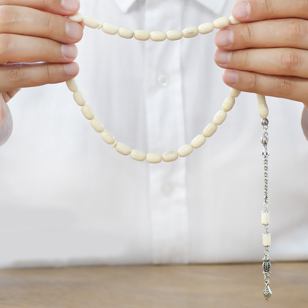 Kararmaz Metal Arnavut Zincir Püsküllü Tombul Kapsül Kesim Naturel Renk Deve Kemiği Tesbih - 3