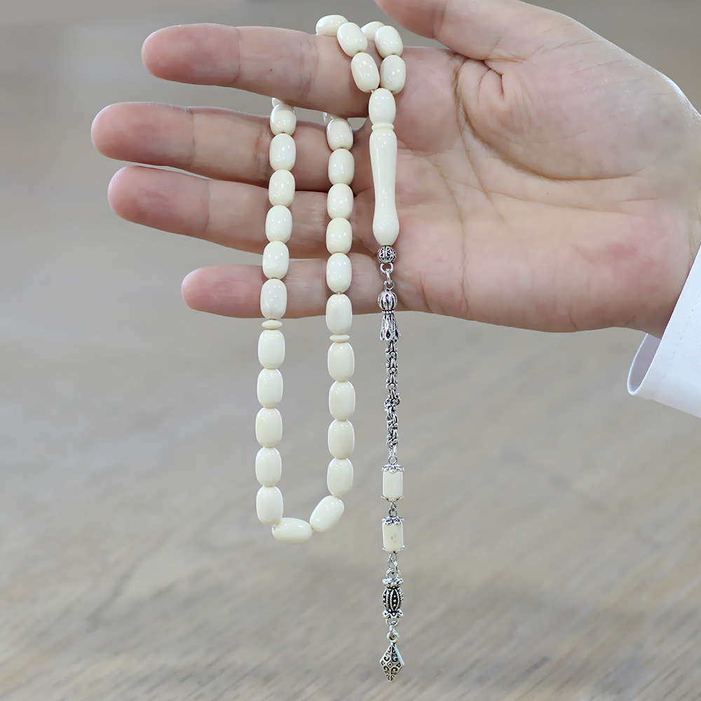 Kararmaz Metal Arnavut Zincir Püsküllü Tombul Kapsül Kesim Naturel Renk Deve Kemiği Tesbih - 2