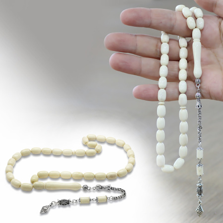 Kararmaz Metal Arnavut Zincir Püsküllü Tombul Kapsül Kesim Naturel Renk Deve Kemiği Tesbih - Tesbihane