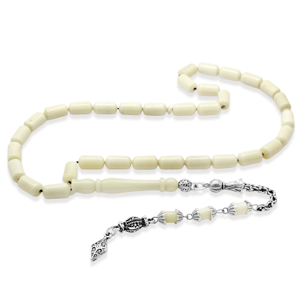 Kararmaz Metal Kral Zincir Püsküllü Uçlu Kapsül Kesim Naturel Renk Deve Kemiği Tesbih - 2