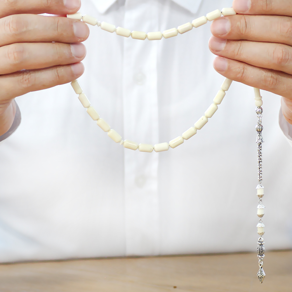 Kararmaz Metal Kral Zincir Püsküllü Uçlu Kapsül Kesim Naturel Renk Deve Kemiği Tesbih - 4