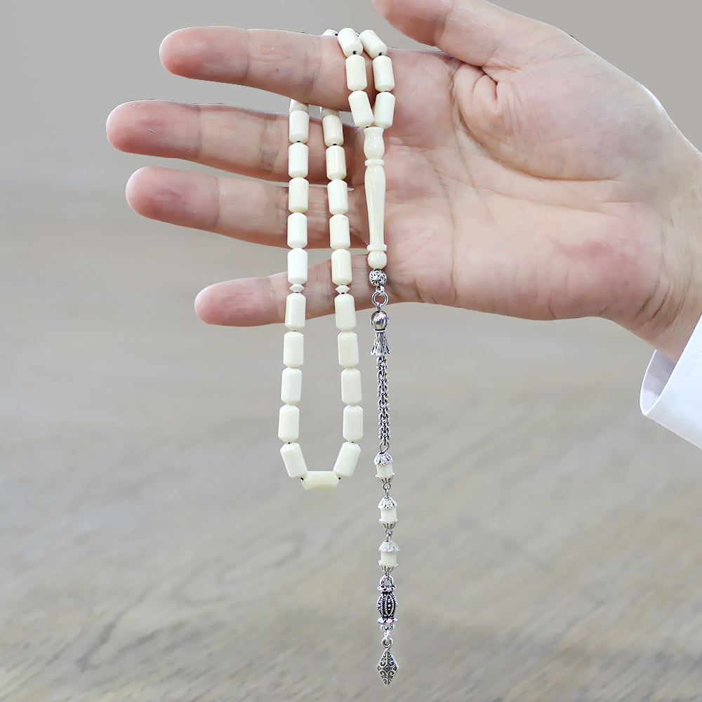 Kararmaz Metal Kral Zincir Püsküllü Uçlu Kapsül Kesim Naturel Renk Deve Kemiği Tesbih - 3