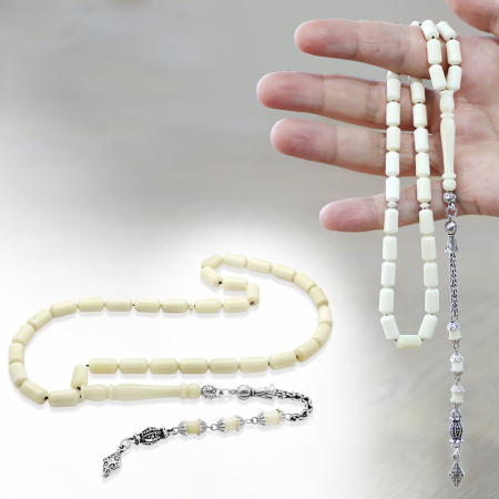 Kararmaz Metal Kral Zincir Püsküllü Uçlu Kapsül Kesim Naturel Renk Deve Kemiği Tesbih - Tesbihane