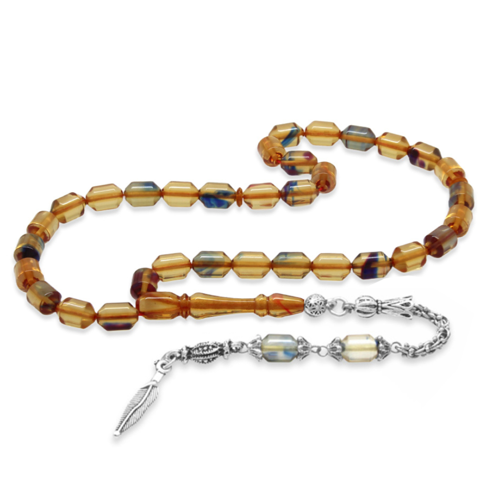 Kararmaz Metal Arnavut Zincir Püsküllü Elmas Kesim Şeffaf Bonibon Ateş Kehribar Tesbih - 1