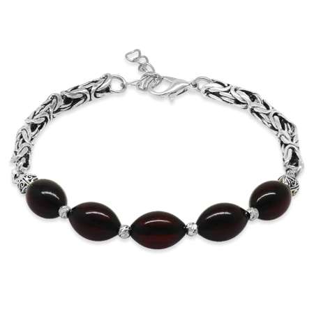 Kararmaz Metal Kralli Arpa Kesim Dorika Top Süslemeli Koyu Kırmızı Damla Kehribar Erkek Bileklik - Tesbihane