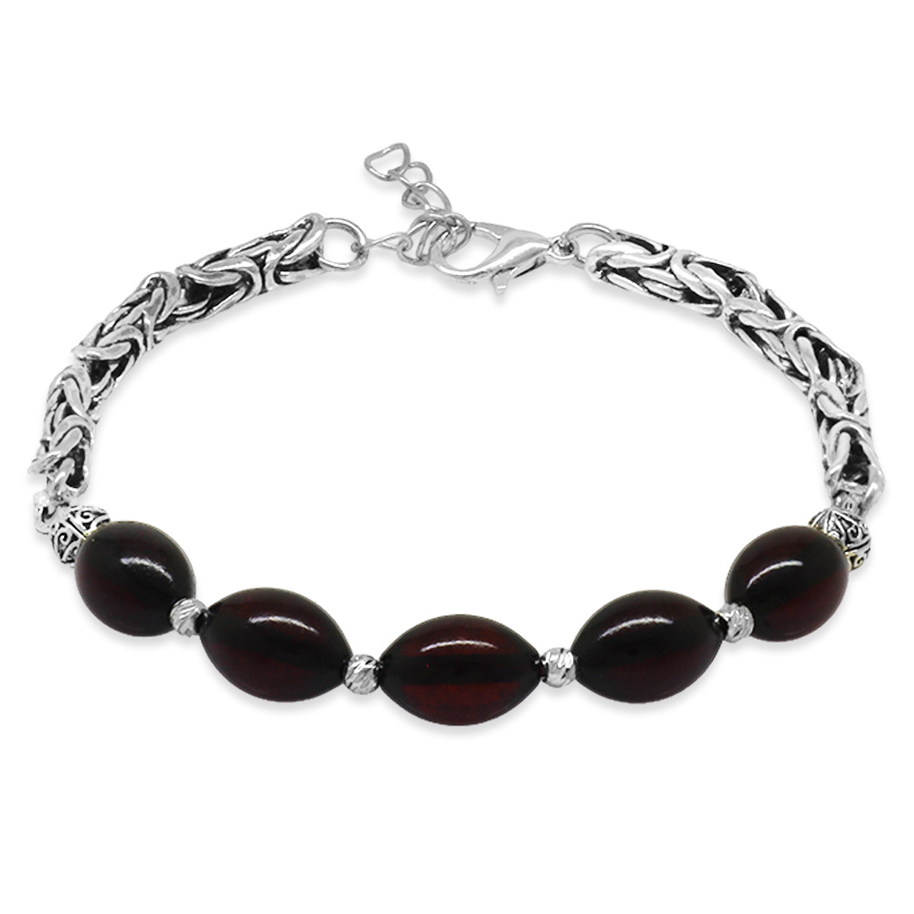 Kararmaz Metal Kralli Arpa Kesim Dorika Top Süslemeli Koyu Kırmızı Damla Kehribar Erkek Bileklik - 1