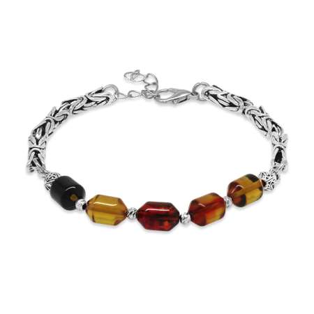 Kararmaz Metal Kral Zincirli Beyaz Dorika Top Süslemeli Bala Siyah Ateş Kehribar Erkek Bileklik - Tesbihane