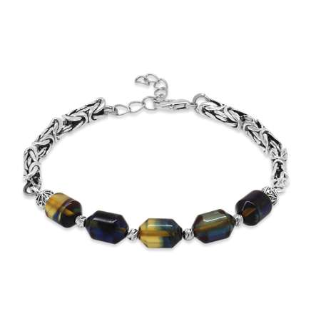 Kararmaz Metal Kral Zincirli Dorika Top Süslemeli Mavi Beyaz Ateş Kehribar Erkek Bileklik - Tesbihane