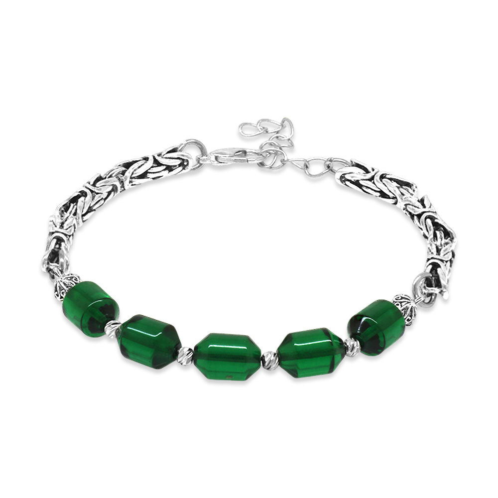 Kararmaz Metal Kral Zincirli Beyaz Dorika Top Süslemeli Yeşil Ateş Kehribar Erkek Bileklik - 1