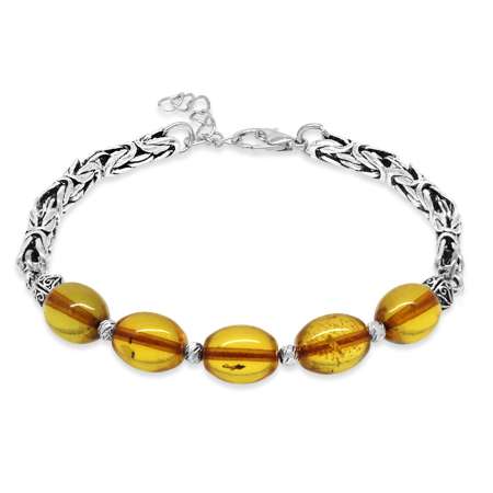 Kararmaz Metal Kral Zincirli Dorika Top Süslemeli Bal Rengi Damla Kehribar Erkek Bileklik - Tesbihane