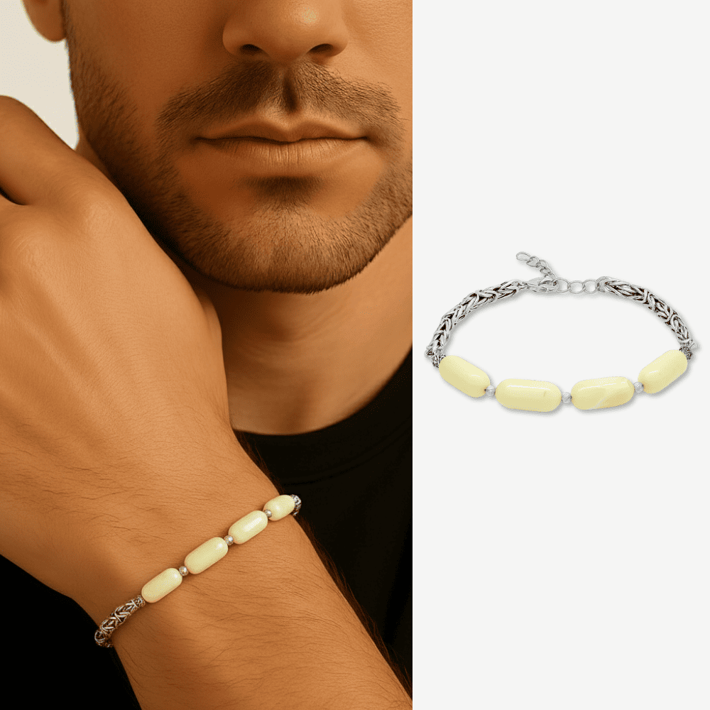 Kararmaz Metal Kral Zincirli Dorika Top Kapsül Kesim Sarı Beyaz Doğal Damla Kehribar Erkek Bileklik - 1