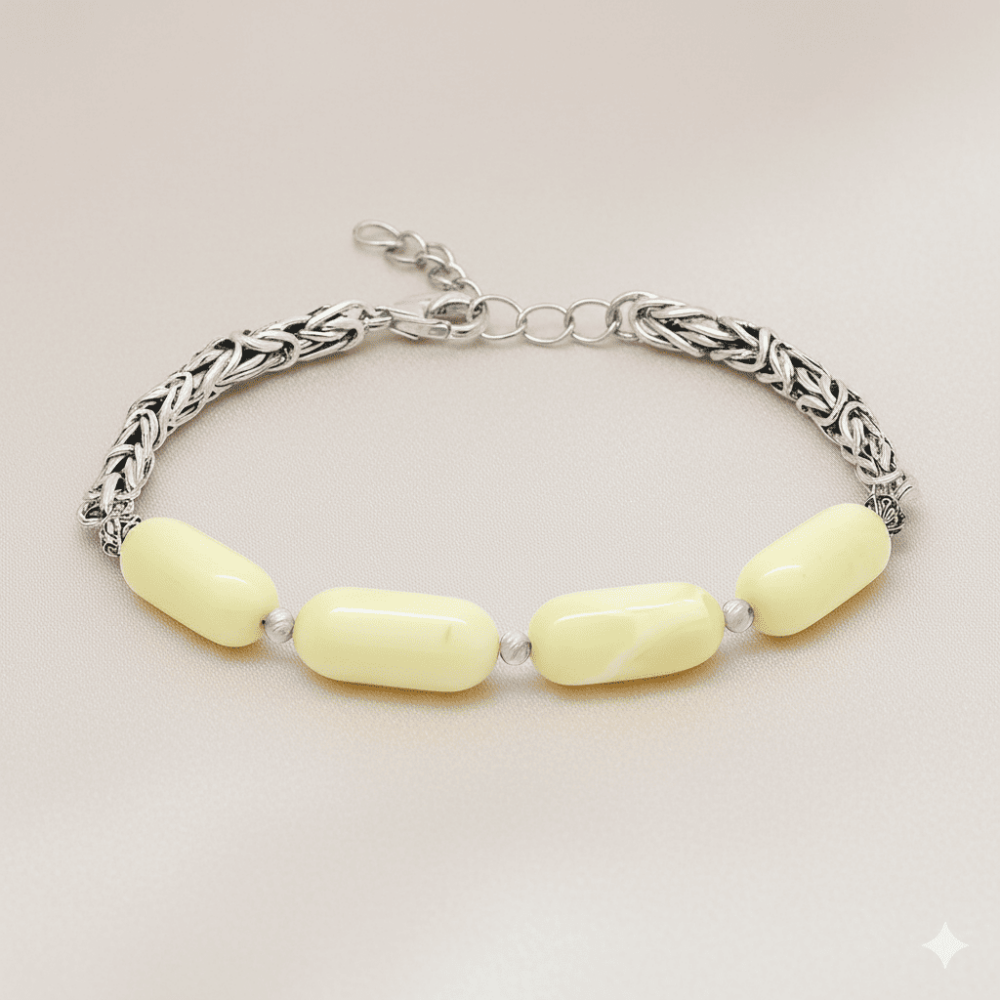 Kararmaz Metal Kral Zincirli Dorika Top Kapsül Kesim Sarı Beyaz Doğal Damla Kehribar Erkek Bileklik - 3