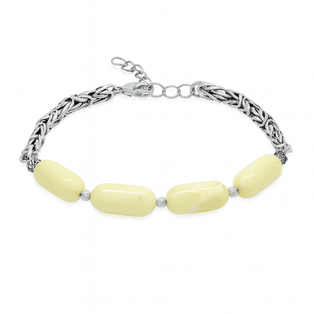 Kararmaz Metal Kral Zincirli Dorika Top Kapsül Kesim Sarı Beyaz Doğal Damla Kehribar Erkek Bileklik - 4