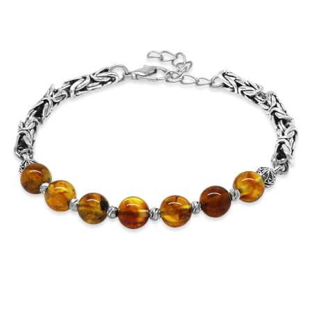 Kararmaz Metal Kral Zincirli Dorika Top Süslemeli Küre Kesim Bal Rengi Damla Kehribar Erkek Bileklik - Tesbihane