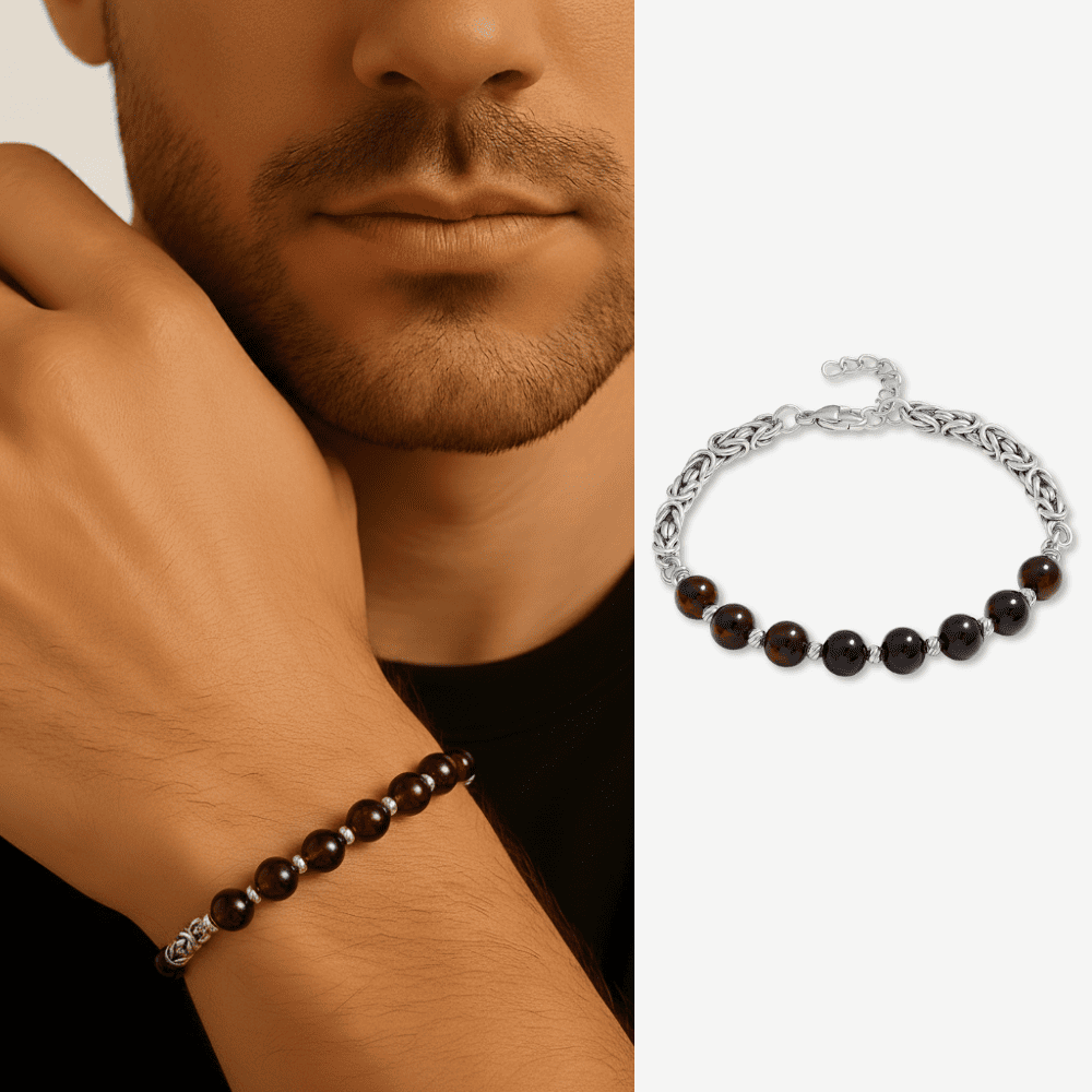 Kararmaz Metal Kral Dorika Top Süslemeli Küre Kesim Kırmızı Renk Doğal Damla Kehribar Erkek Bileklik - 1