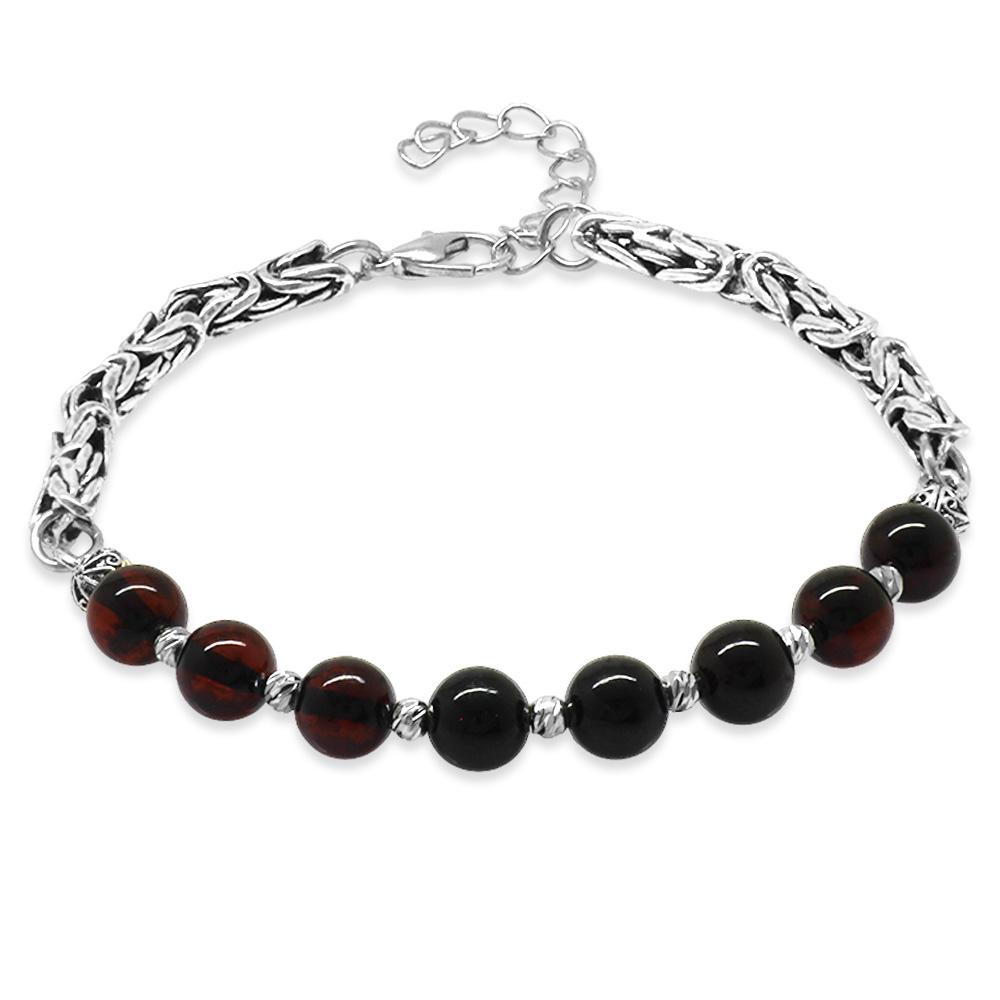 Kararmaz Metal Kral Dorika Top Süslemeli Küre Kesim Kırmızı Renk Doğal Damla Kehribar Erkek Bileklik - 5