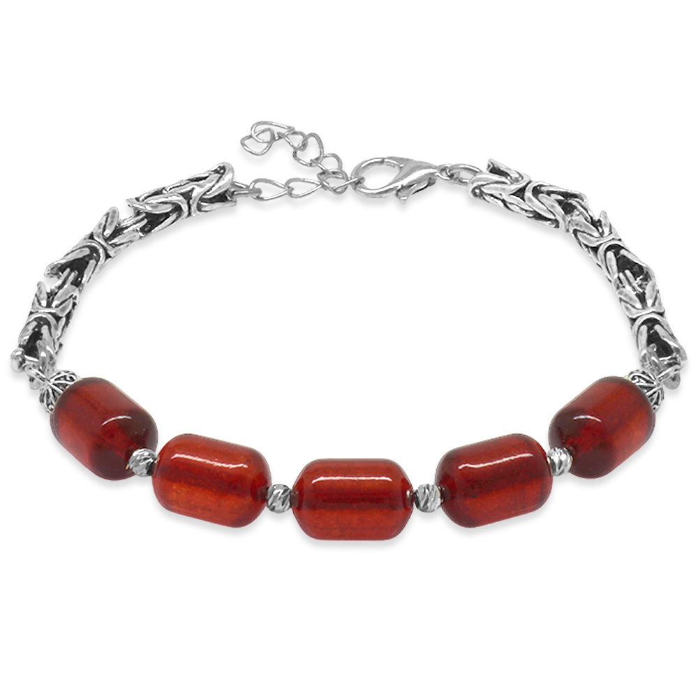 Kararmaz Metal Kralli Kapsül Kesim Dorika Top Süslemeli Bayrak Kırmızı Damla Kehribar Erkek Bileklik - 1