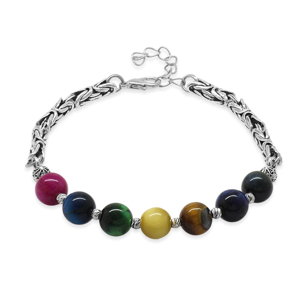 Kararmaz Metal Kral Zincirli Küre Kesim Kaplan Gözü Doğaltaş Kombinli Erkek Enerji Bilekliği - 2