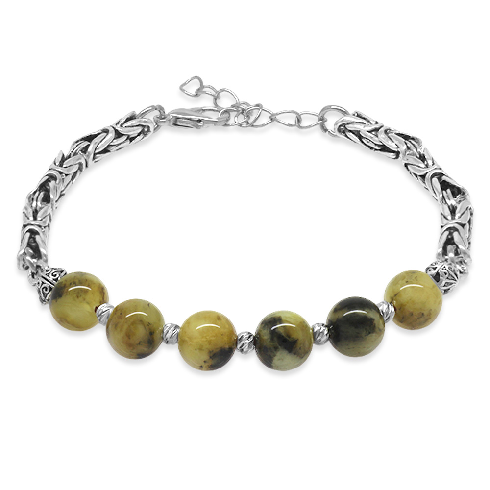 Kararmaz Metal Zincir Küre Kesim Gümüş Renk Dorika Süslemeli Dalmaçya Damla Kehribar Erkek Bileklik - 1