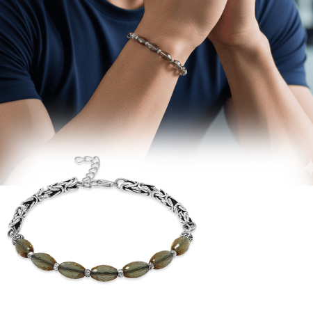 Kararmaz Metal Kral Gümüş Renk Dorika Top Süslemeli Arpa Kesim Fasetalı Zultanit Taşı Erkek Bileklik - Tesbihane