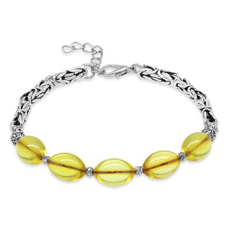 Kararmaz Metal Kralli Gümüş Renk Dorika Top Süslemeli Arpa Kesim Sarı Damla Kehribar Erkek Bileklik - Tesbihane