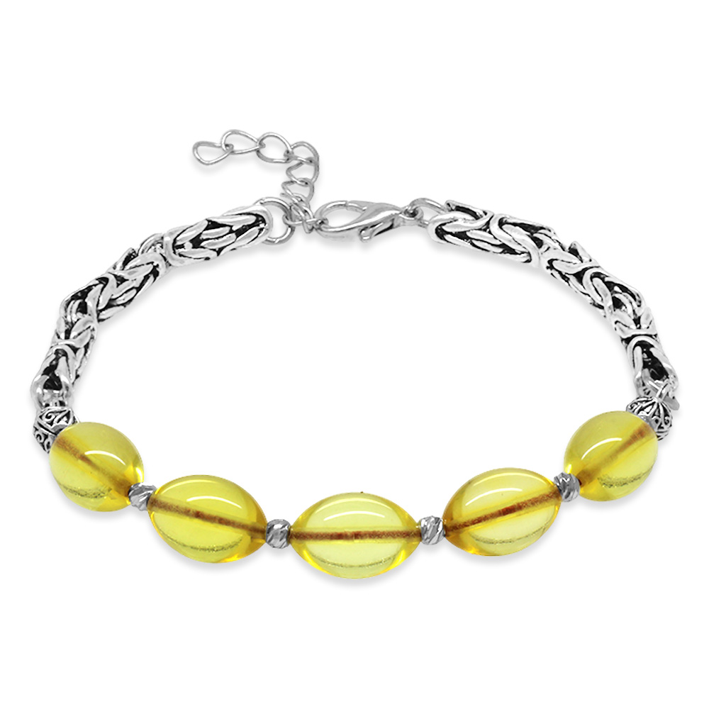 Kararmaz Metal Kralli Gümüş Renk Dorika Top Süslemeli Arpa Kesim Sarı Damla Kehribar Erkek Bileklik - 1