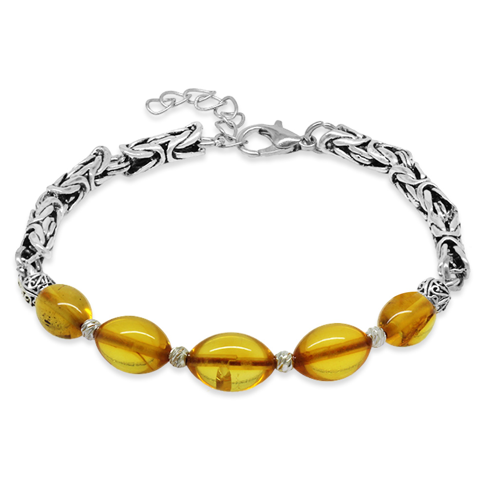 Kararmaz Metal Kral Zincirli Gümüş Renk Dorika Top Süslemeli Bal Rengi Damla Kehribar Erkek Bileklik - 1