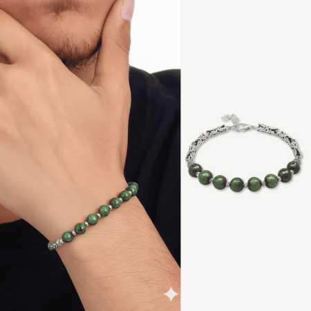 Kararmaz Metal Kralli Gümüş Renk Dorika Top Süslemeli Küre Kesim Fasetalı His Taşı Erkek Bileklik - Tesbihane