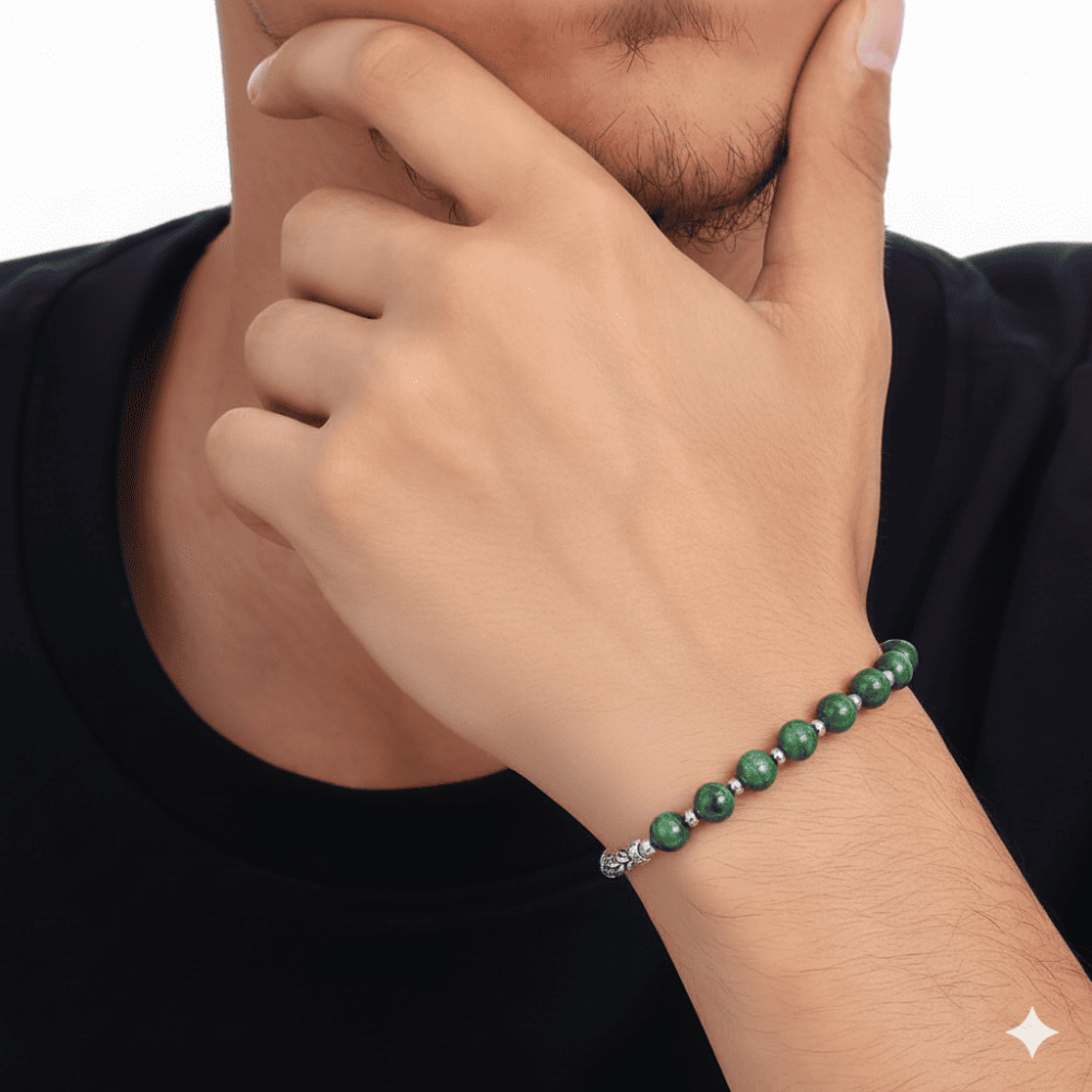 Kararmaz Metal Kralli Gümüş Renk Dorika Top Süslemeli Küre Kesim Fasetalı His Taşı Erkek Bileklik - 2