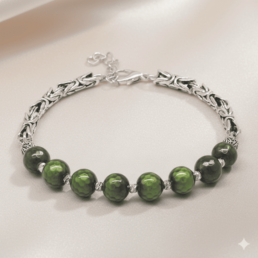 Kararmaz Metal Kralli Gümüş Renk Dorika Top Süslemeli Küre Kesim Fasetalı His Taşı Erkek Bileklik - 3