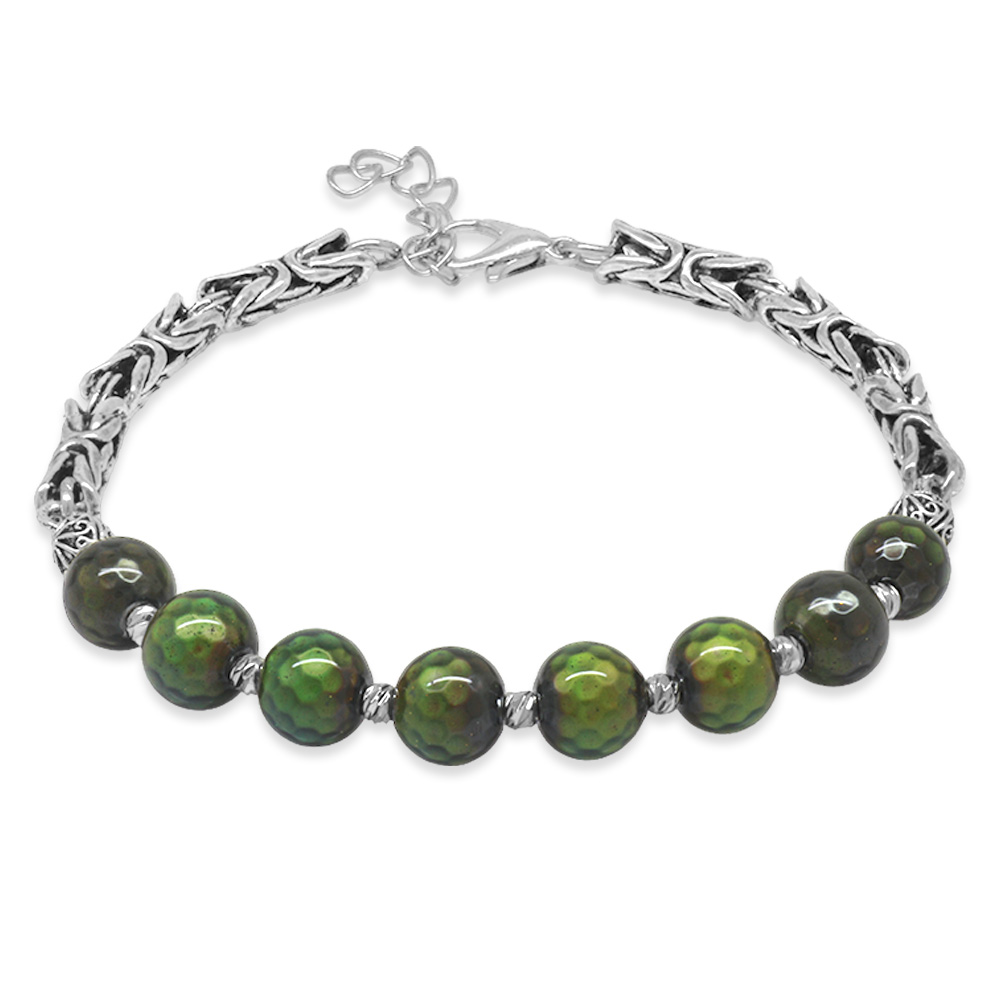 Kararmaz Metal Kralli Gümüş Renk Dorika Top Süslemeli Küre Kesim Fasetalı His Taşı Erkek Bileklik - 4