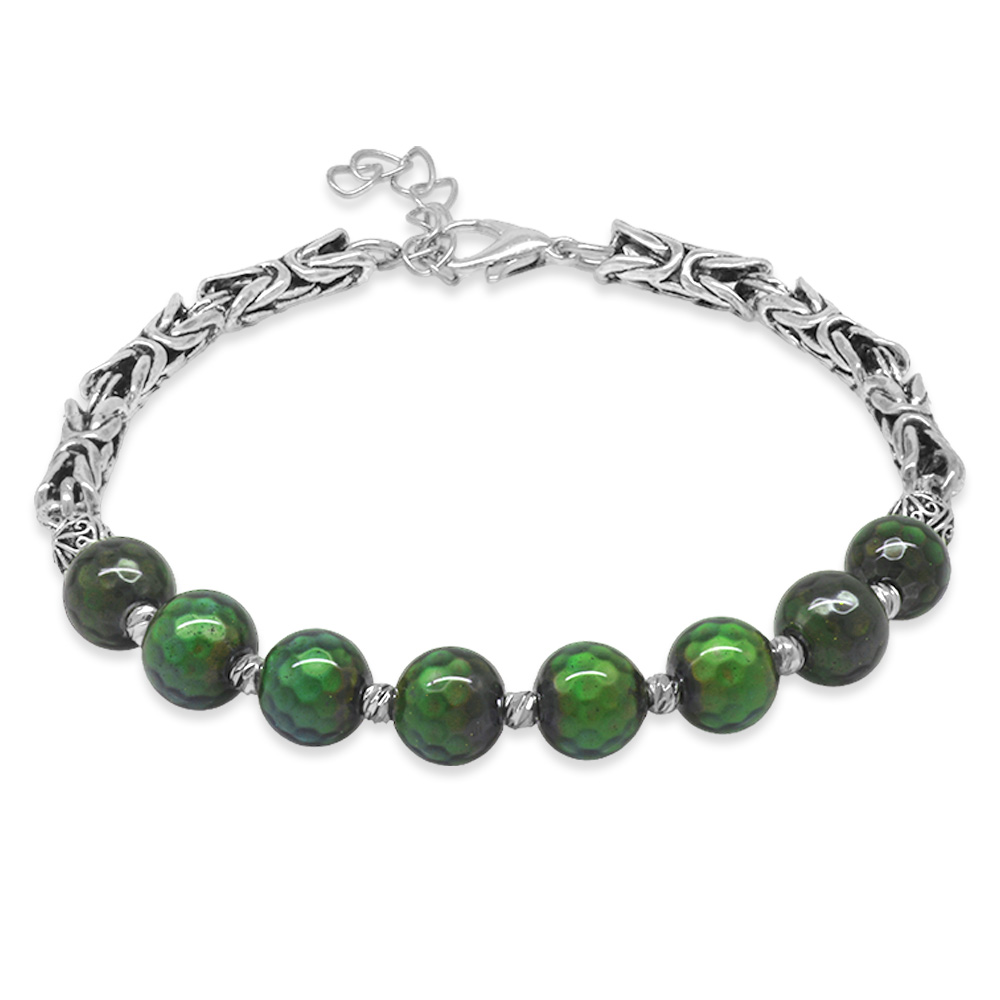 Kararmaz Metal Kralli Gümüş Renk Dorika Top Süslemeli Küre Kesim Fasetalı His Taşı Erkek Bileklik - 5