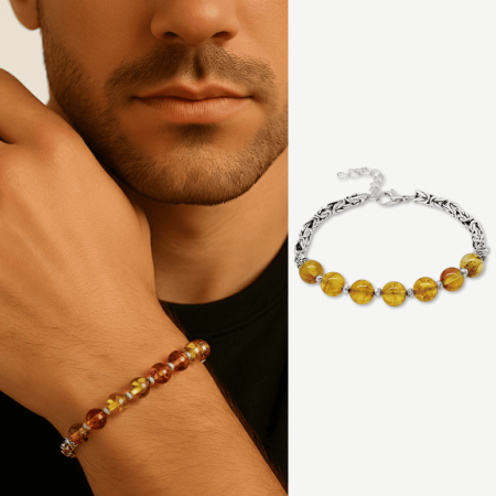 Kararmaz Metal Kralli Gümüş Renk Dorika Top Süslemeli Doğal Sarı Damla Kehribar Erkek Bileklik - Tesbihane