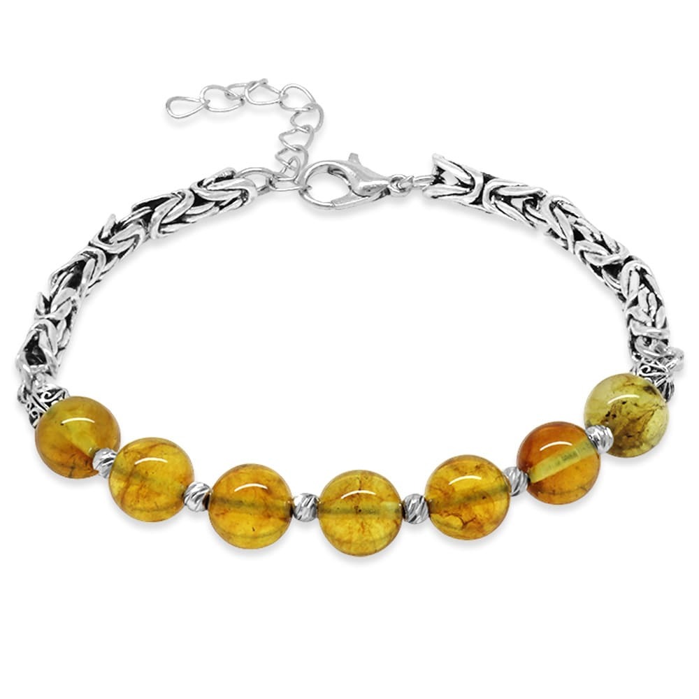 Kararmaz Metal Kralli Gümüş Renk Dorika Top Süslemeli Doğal Sarı Damla Kehribar Erkek Bileklik - 4