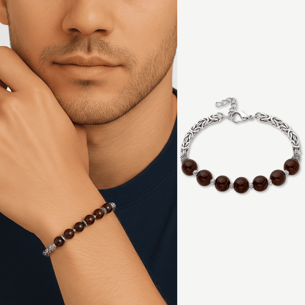 Kararmaz Metal Kral Zincirli Gümüş Renk Küre Kesim Kırmızı Damla Kehribar Erkek Bileklik - 1