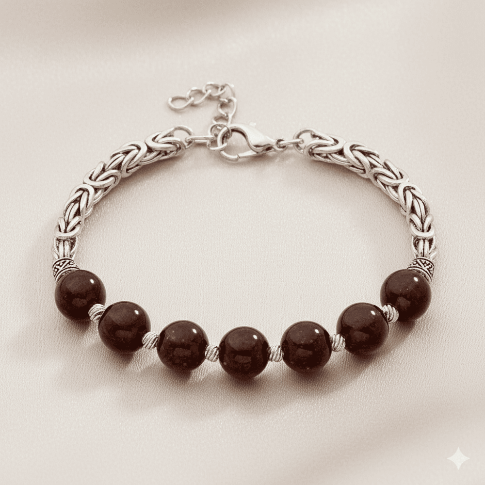 Kararmaz Metal Kral Zincirli Gümüş Renk Küre Kesim Kırmızı Damla Kehribar Erkek Bileklik - 3