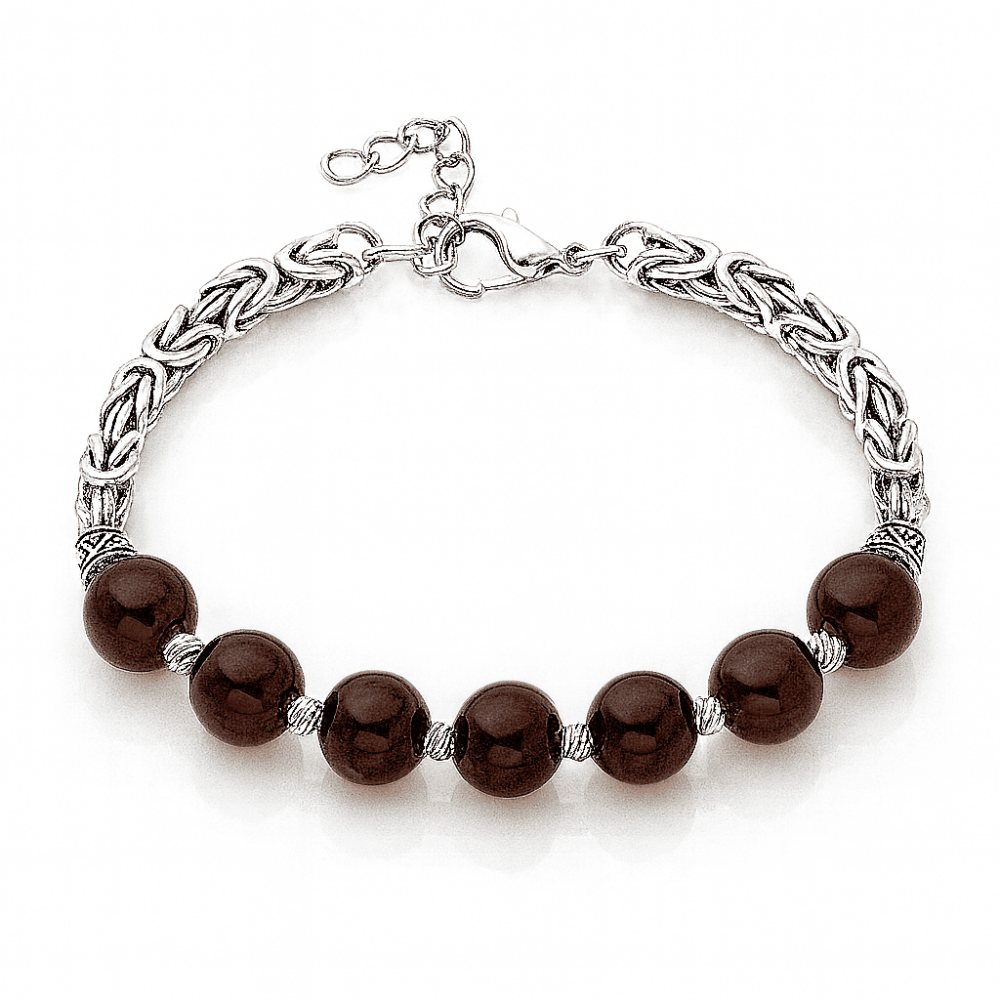 Kararmaz Metal Kral Zincirli Gümüş Renk Küre Kesim Kırmızı Damla Kehribar Erkek Bileklik - 4