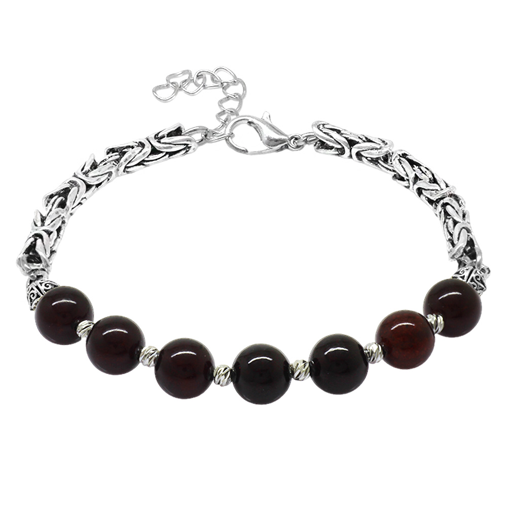 Kararmaz Metal Kral Zincirli Gümüş Renk Küre Kesim Kırmızı Damla Kehribar Erkek Bileklik - 5