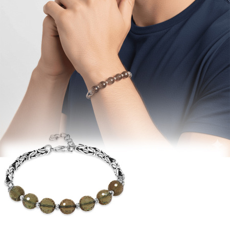 Kararmaz Metal Kral Zincirli Gümüş Renk Dorika Top Süslemeli Küre Kesim Zultanit Taşı Erkek Bileklik - Tesbihane