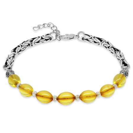 Kararmaz Metal Kral Zincirli Gümüş Renk Dorika Top Süslemeli Sarı Damla Kehribar Erkek Bileklik - Tesbihane