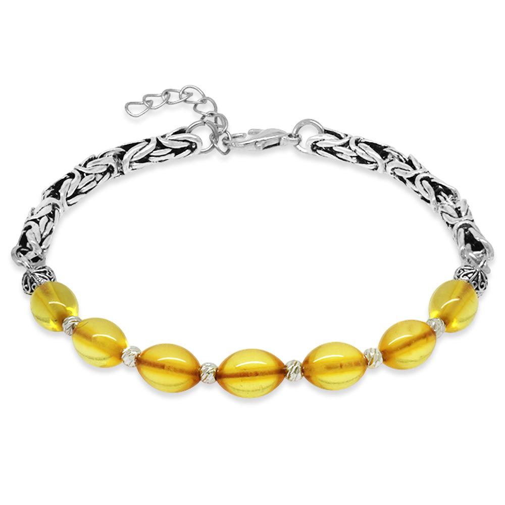 Kararmaz Metal Kral Zincirli Gümüş Renk Dorika Top Süslemeli Sarı Damla Kehribar Erkek Bileklik - 1