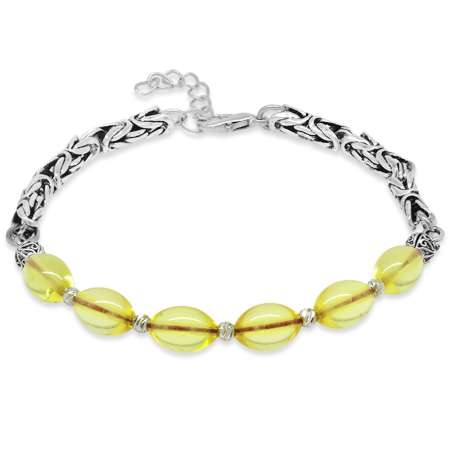 Kararmaz Metal Kral Zincirli Gümüş Renk Dorika Top Süslemeli Soft Sarı Damla Kehribar Erkek Bileklik - Tesbihane