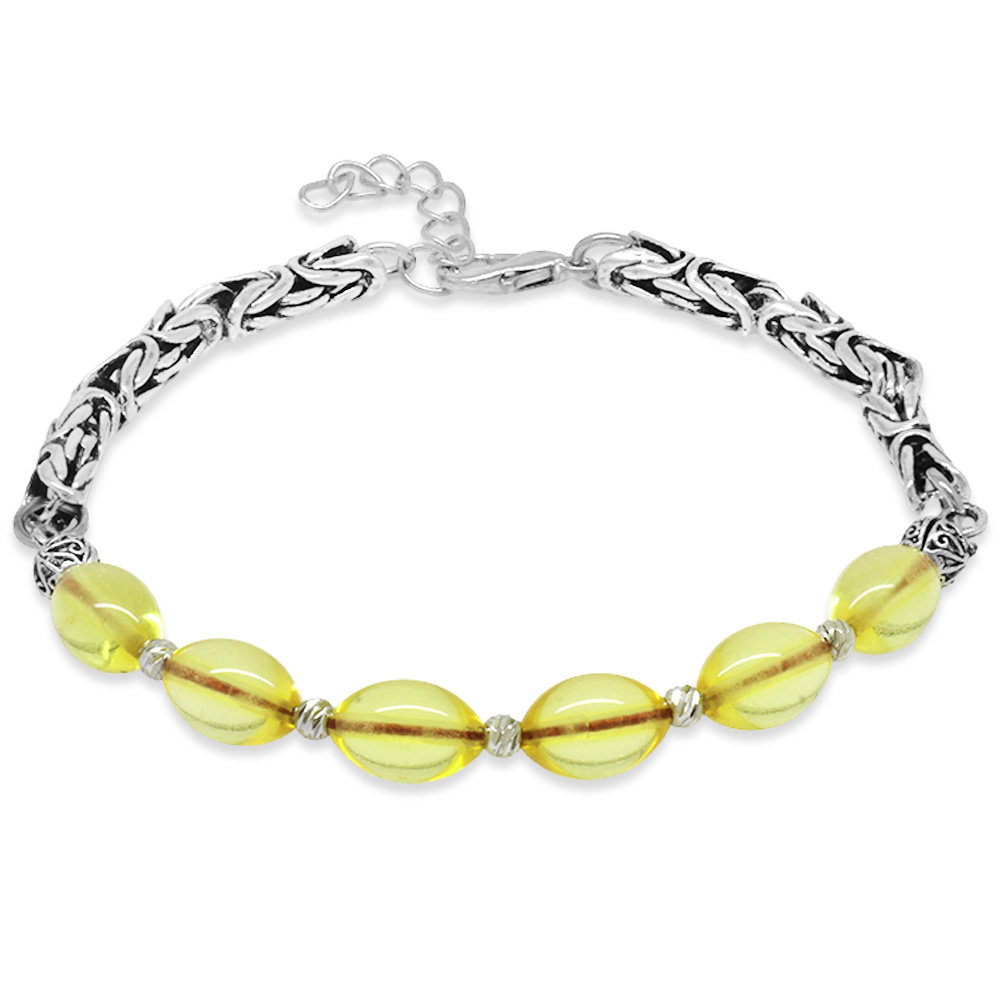 Kararmaz Metal Kral Zincirli Gümüş Renk Dorika Top Süslemeli Soft Sarı Damla Kehribar Erkek Bileklik - 1