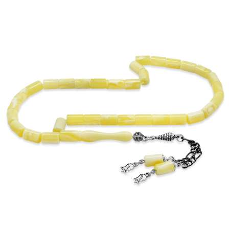 Kararmaz Metal Lale Püsküllü Kesme Kesim Sarı Beyaz Hareli Beyrut Kehribar Tesbih - Tesbihane