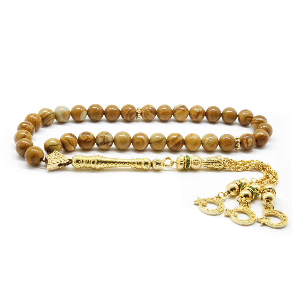 Kararmaz Metal Gold Püsküllü Küre Kesim Ahşap Rengi Jasper Doğaltaş Tesbih - 1