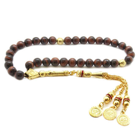 Kararmaz Metal Mecidiye Gold Püsküllü Küre Kesim Kaplan Gözü Doğaltaş Tesbih - Tesbihane