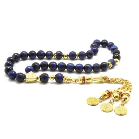 Kararmaz Metal Mecidiye Gold Püsküllü Küre Kesim Mavi Kaplan Gözü Doğaltaş Tesbih - Tesbihane