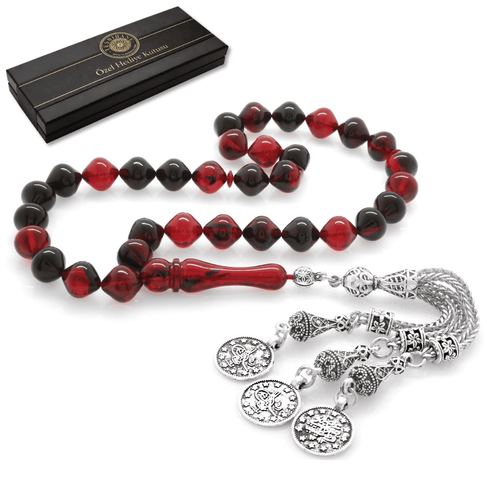 Kararmaz Metal Mecidiye Püsküllü İstanbul Kesim Kırmızı Siyah Ateş Kehribar Tesbih - 1