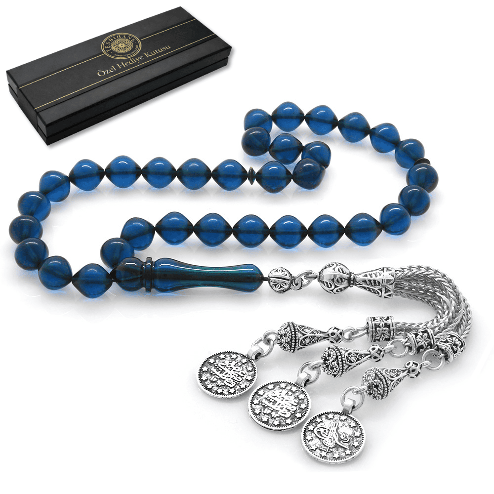 Kararmaz Metal Mecidiye Püsküllü İstanbul Kesim Lacivert Sıkma Kehribar Tesbih - 1