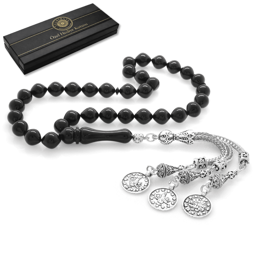 Kararmaz Metal Mecidiye Püsküllü İstanbul Kesim Siyah Sıkma Kehribar Tesbih - 1